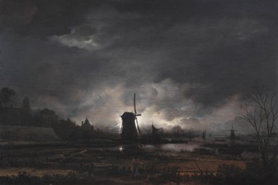 Mondscheinlandschaft mit einer Windmühle, frühe bis mittlere 1650er Jahre von Aert van der Neer